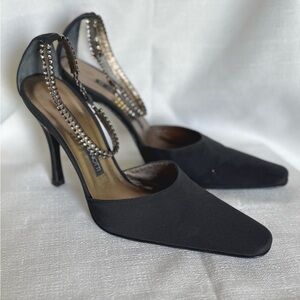Giuseppe Zanotti Black Satin Crystal Strap Heels 7.5B